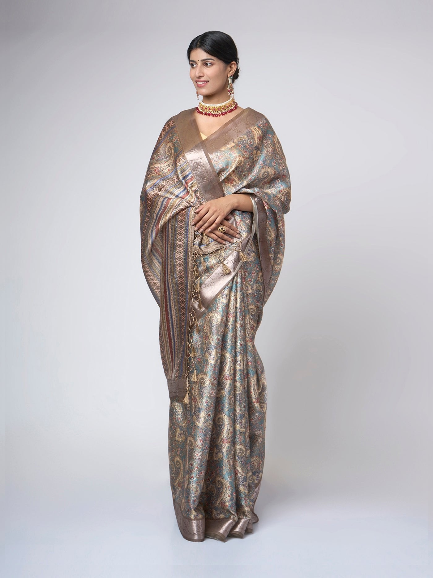Aurelia Mist – Sky Blue - Grey Saree with Gold Ethnic Motifs & Zari Accents - ZahratSaree