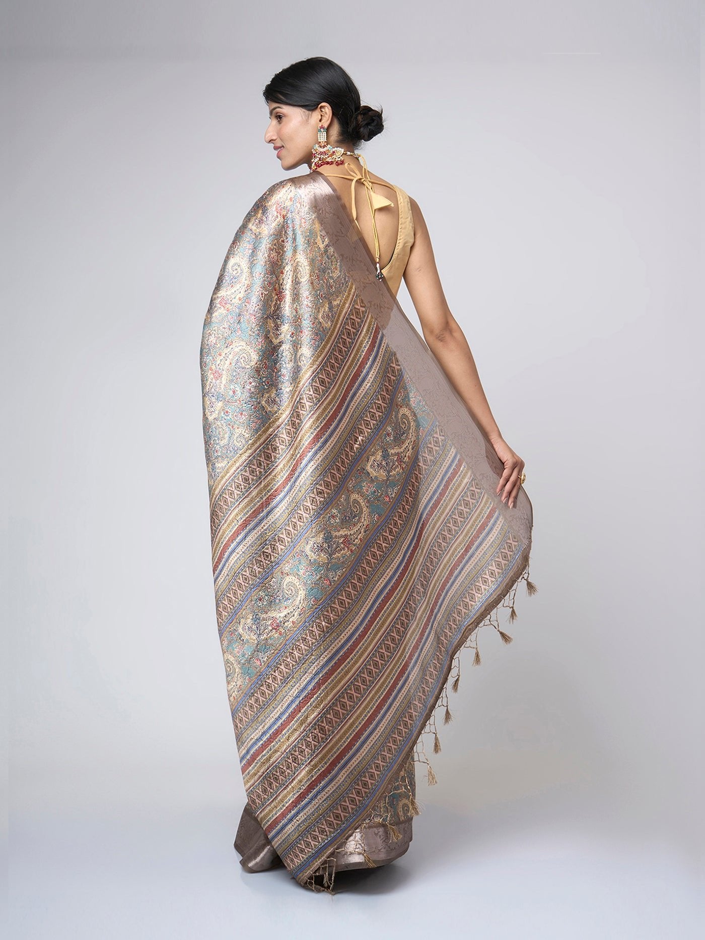 Aurelia Mist – Sky Blue - Grey Saree with Gold Ethnic Motifs & Zari Accents - ZahratSaree