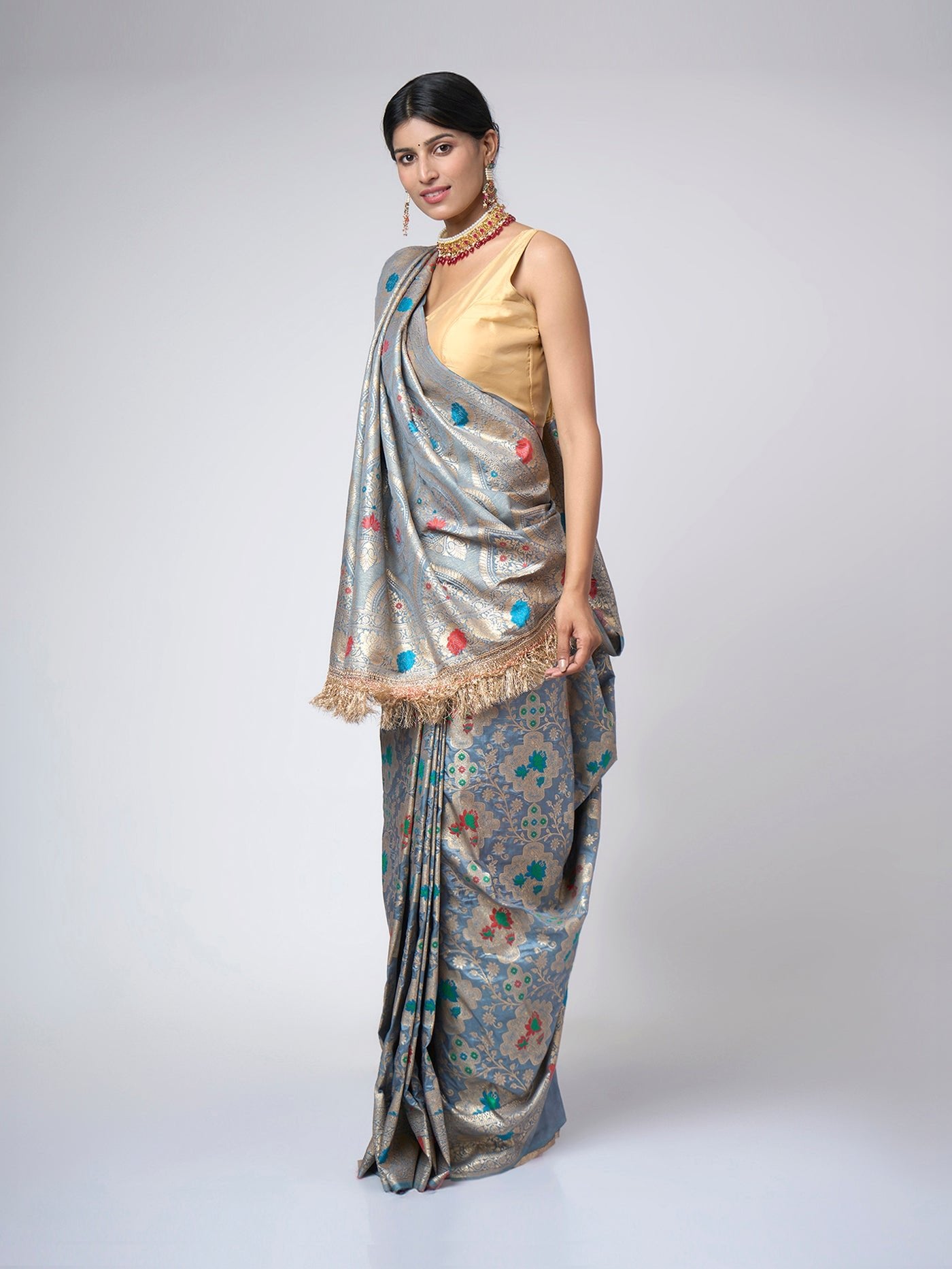 Neerja - Light blue silk blend saree with floral meenakari & delicate zari - ZahratSaree