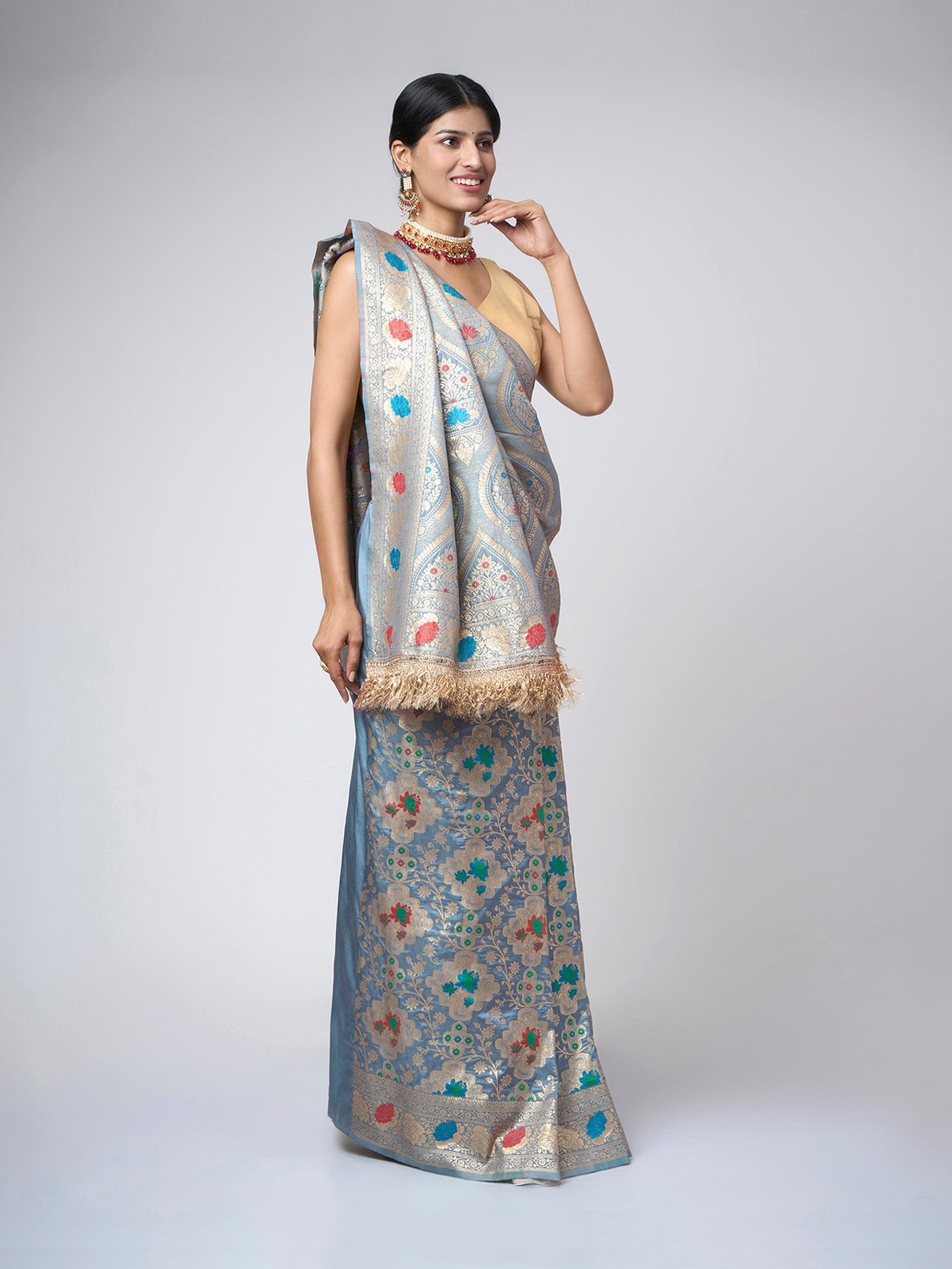 Neerja - Light blue silk blend saree with floral meenakari & delicate zari - ZahratSaree
