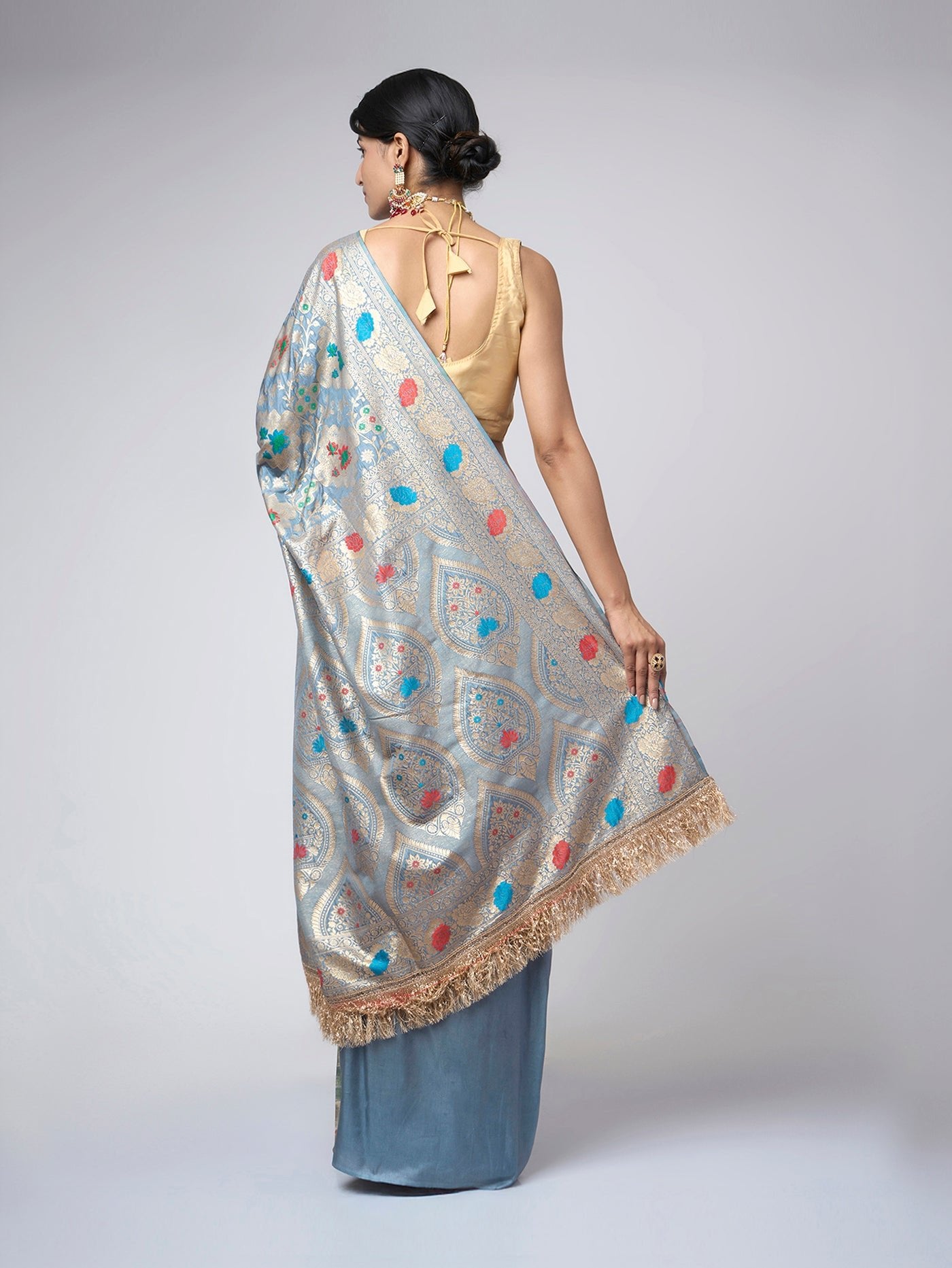 Neerja - Light blue silk blend saree with floral meenakari & delicate zari - ZahratSaree